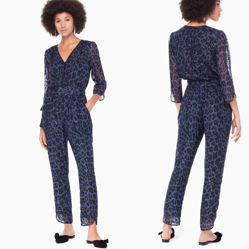 - Kate Spade leopard print clip dot jumpsuit long sleeve navy polka dot size4
